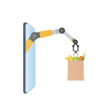 Robot hand holds a paper bag with products. Online shopping concept, mobile phone and hand hold products on a white background. Vector.のイラスト素材