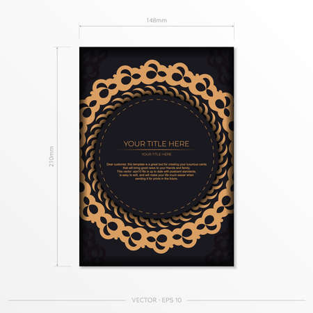 Dark black gold postcard template with white abstract ornament. Elegant and classic elements are great for decorating. Vector illustration.のイラスト素材