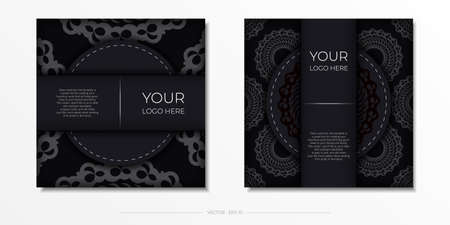 Dark black and white invitation card template with white Indian ornaments. Elegant and classic vector elements ready for print and typography.のイラスト素材