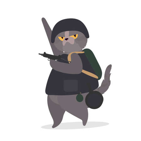A funny cat with a serious look holds a gun in its paws. A cat in military uniform holds a weapon. Good for stickers, t-shirts and cards. Isolated. Vector.のイラスト素材