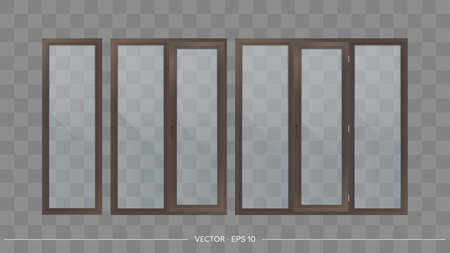 Set of metal-plastic windows with transparent glasses. Modern windows in a realistic style. Vector.のイラスト素材
