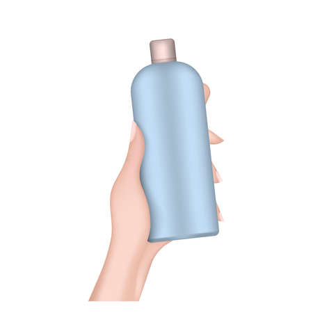 Hand holds a plastic bottle. Realistic female hand with a bottle. Good for shampoo or shower gel. Isolated. Vector.のイラスト素材