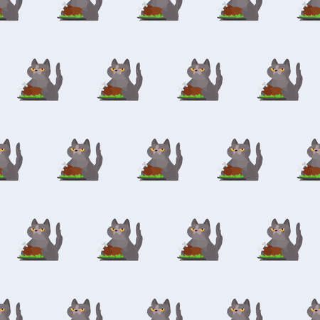 Seamless pattern Funny cat is holding a roast turkey. A cat with a funny look holds a fried chicken. Good for backgrounds, cards and prints on a summer theme. Vector.のイラスト素材