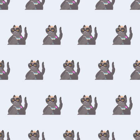 Seamless pattern Funny cat with a cocktail. Cat in glasses and a hat. Good for backgrounds, cards and prints on a summer theme. Vector.のイラスト素材