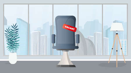 Vacant place. Vintage navy blue armchair. Vacant sign. Employee search and open vacancy concept. Vector.のイラスト素材