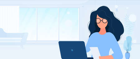 The girl works at a laptop. Flat style. Good for image work, office, hiring staff.のイラスト素材