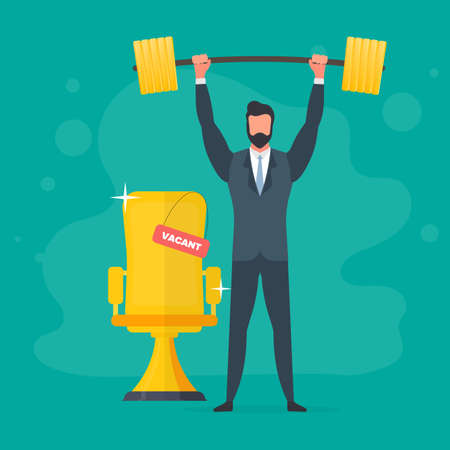 A businessman stands with a mountain of coins and raises the barbell. A man in a suit with a barbell. The concept of a successful business and revenue growth. Vector.のイラスト素材