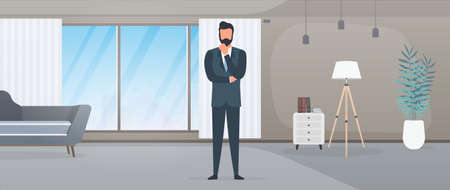 A businessman in a business suit is sitting at his office. Businessman posing thoughtfully. Vector.のイラスト素材