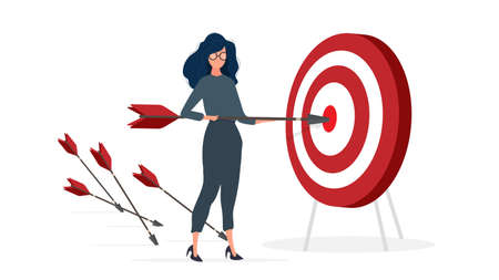 The girl is holding an arrow. The arrow hits the target. The concept of successful business, teamwork and achieving goals. Isolated. Vector.のイラスト素材