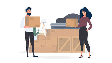The guy and the girl are holding paper boxes in their hands. Large boxes, sofa. The concept of...