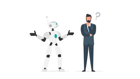 The robot cannot find a solution. The robot makes a helpless gesture. The businessman pondered. Artificial intelligence failure concept. Isolated. Vector.のイラスト素材