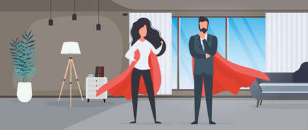 Girl and guy with a red raincoat. Woman and man superhero. The concept of a successful person, business or family. Vector.のイラスト素材