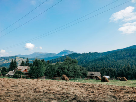 Haystack on a field with mountain views.の写真素材