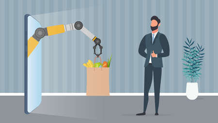 Food delivery banner. Robotic hand holds a paper bag with products. A man receives his online order. Shopping delivery concept. Vector.のイラスト素材