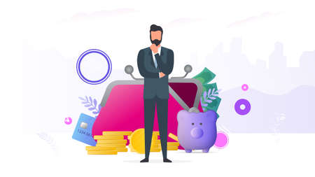 Successful businessman. Big wallet, credit card, gold coins, dollars. Concept of profit, cashback or wealth. Banner on the theme of finance. Vector.のイラスト素材