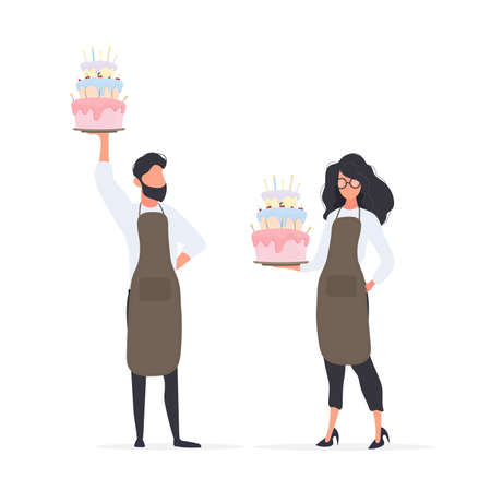 Girl cook holds a birthday cake. The guy is holding a pie. Good for birthday articles and banners....