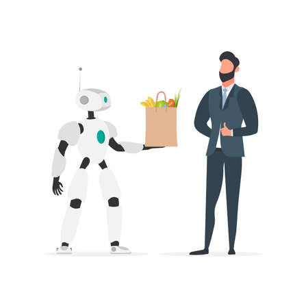 The robot holds a shopping bag in its hands. Future delivery concept. Online shopping. Isolated. Vector.のイラスト素材