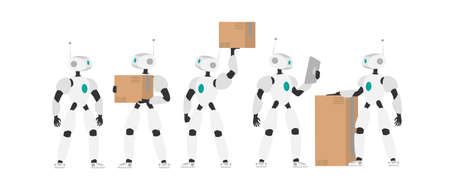 A white robot holds a box. Set of futuristic robots. The concept of future delivery, artificial intelligence and technology. Isolated, vector.のイラスト素材