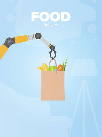 Food delivery banner. Robotic hand holds a paper bag with products. Shopping delivery concept. Vector.のイラスト素材