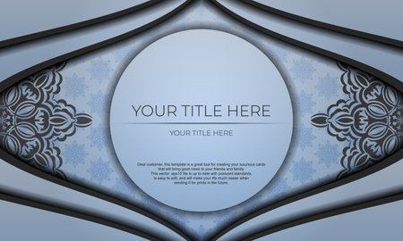 Blue vector banner with luxury black ornaments and place under text. Template for print design invitation card with vintage ornament.のイラスト素材