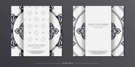 Luxurious White Postcard Template with Vintage Black Ornament. Print-ready invitation design with mandala patterns.のイラスト素材