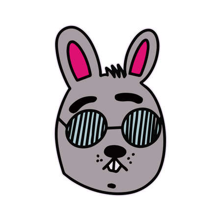 Funny sticker of a hare with glasses. Rabbit with glasses. Suitable for postcards, stickers, T-shirts and children's books. Isolated, vector.のイラスト素材