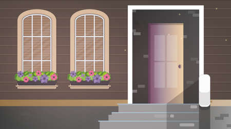 Brown wooden house with large windows. Windows with flowers. Porch of a country house.のイラスト素材