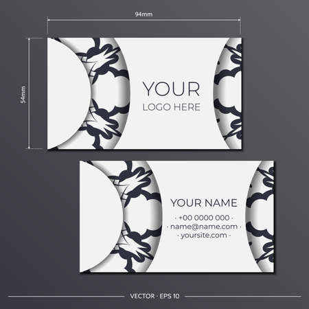 Vector Business Cards in white with gorgeous black patterns. Business card design with monogram ornament.のイラスト素材