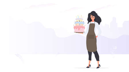 Girl cook holds a birthday cake. Girl holds a pie. Good for birthday articles and banners. Vector.