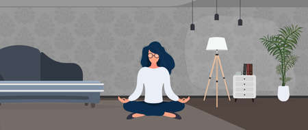 Girl with glasses meditates in the office. The concept of relaxation, meditation, yoga and rest from work. Vector.のイラスト素材