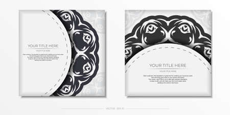 Luxurious Preparing postcards in white with abstract patterns. Vector Template for print design of invitation card with mandala ornament.のイラスト素材