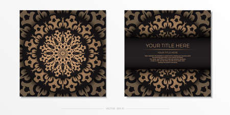 Presentable Template for print design postcards in black color with Arabic ornament. Preparing an invitation card with vintage patterns.のイラスト素材