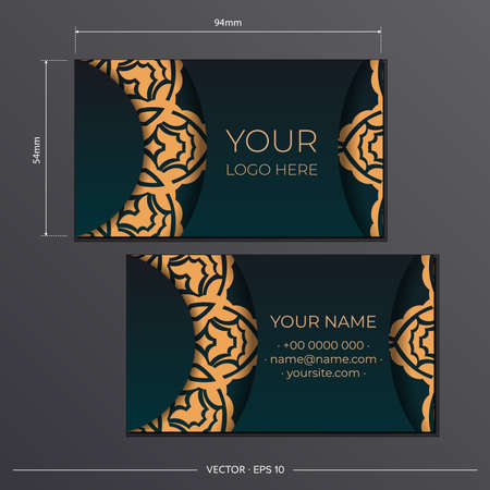 Template for print design of business cards in green color with vintage patterns. Business card preparation with luxurious ornaments.のイラスト素材
