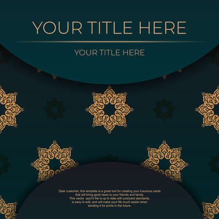 Stylish Template for print design postcard green with vintage ornament. Vector Preparation of invitation card with dewy patterns.のイラスト素材