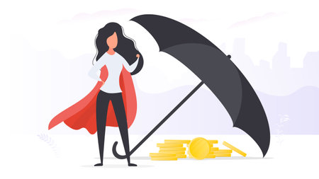Girl with a red cloak. The umbrella covers a mountain of gold coins. Business and finance safety concept. Vector.のイラスト素材