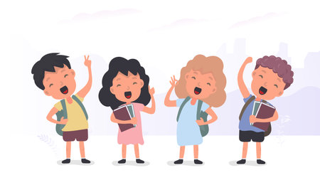 Back to school banner. Children rejoice at the start of the school year. Satisfied schoolchildren. Vector.のイラスト素材
