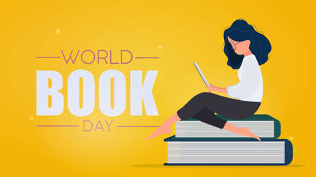 World Book Day banner. The woman is reading a book. Vector.のイラスト素材