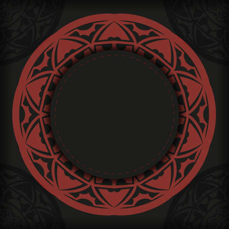 Ready-to-print postcard design in black and red color with abstract patterns. Vector Invitation card template with place for your text and vintage ornaments.のイラスト素材