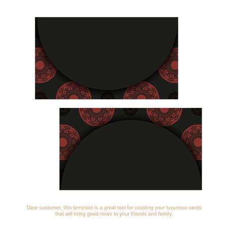Vector Template for printing design business cards in black with red patterns. Preparing a business card with a place for your text and luxurious ornaments.のイラスト素材
