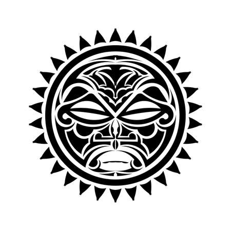 Round tattoo ornament with sun face maori style. African, aztecs or mayan ethnic mask.のイラスト素材