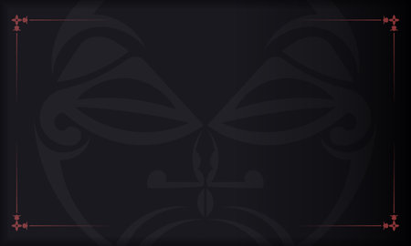 Template for a printable design of a postcard with a face in a polizenian style ornaments. Black banner with mask of the gods ornaments and place for your logo.のイラスト素材