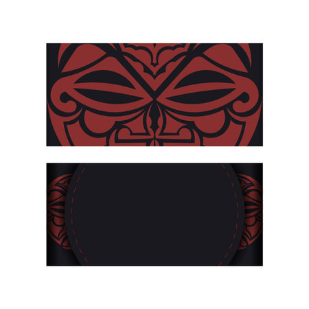 Invitation template with a place for your text and a face in a polizenian style ornamentation. Vector design postcard in black color with mask of the gods ornament.のイラスト素材