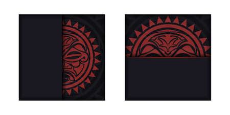 Invitation template with a place for your text and a face in a polizenian style ornamentation. Ready-to-print postcard design in black with the mask of the gods.のイラスト素材
