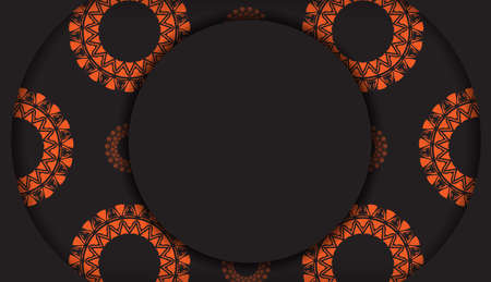 Luxurious Template for print design postcards in black with orange ornaments. Vector Preparing invitation card with place for your text and abstract patterns.のイラスト素材