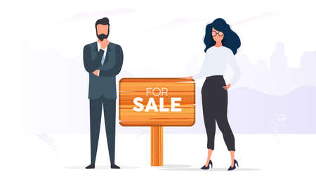 Realtors with a For Sale sign. The girl and the man are realtors. Good for design on the topic of selling houses, apartments and real estate. Vector.のイラスト素材