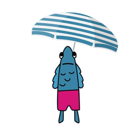 Funny stickers of fish in pink shorts and a sun umbrella. Fish with a funny look. Good for postcards, stickers and children's books. Isolated. Vector.のイラスト素材