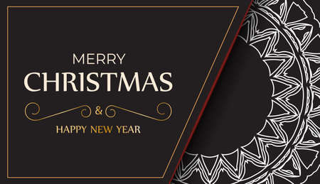 Greeting Card Merry Christmas and Happy New Year in black color with white ornaments.のイラスト素材