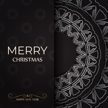 Template Greeting card Merry Christmas and Happy New Year in black color with white ornament.のイラスト素材