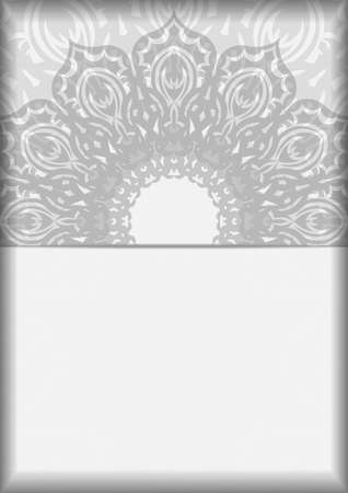 Vector invitation card with place for your text and ornament. Postcard design in white with black mandala patterns.のイラスト素材