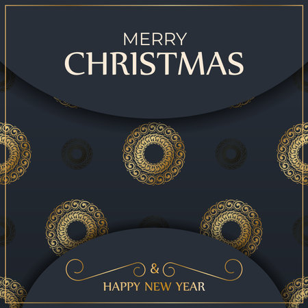 Greeting card Merry Christmas and Happy New Year in dark blue with vintage gold patternのイラスト素材